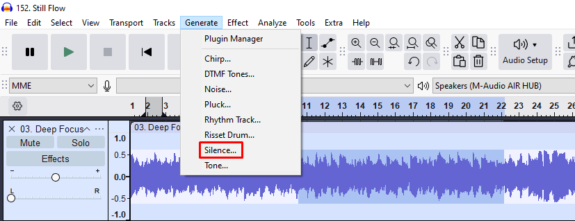 Audacity Generate menu expanded with “Silence…” highlighted to insert a silent segment into the audio track.