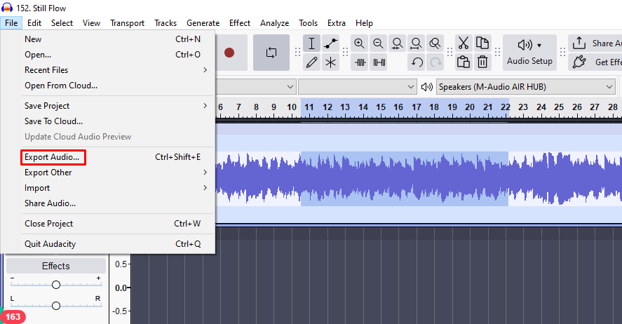 Audacity File menu with “Export Audio…” highlighted for saving the current project as an audio file.