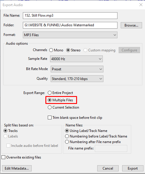 Audacity export dialog with the “Multiple Files” export range option selected and MP3 settings visible.