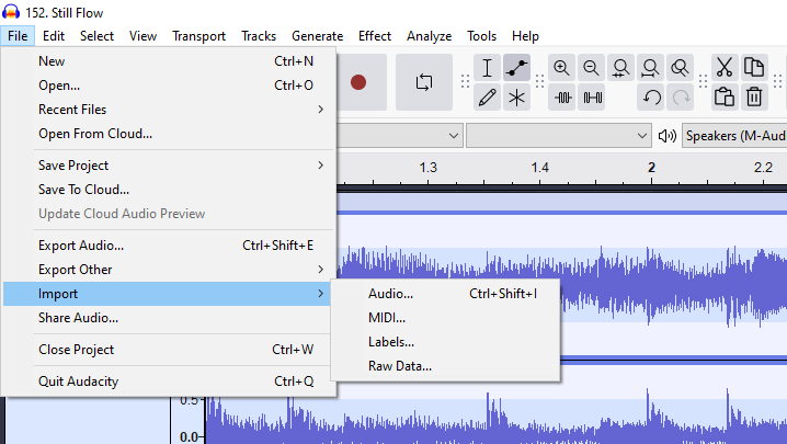 Audacity File menu opened with the Import submenu expanded to show options for audio, MIDI, labels, and raw data.