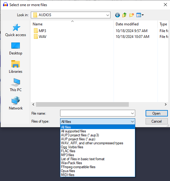 Windows file browser showing MP3 and WAV folders and a file type dropdown for selecting supported audio formats.
