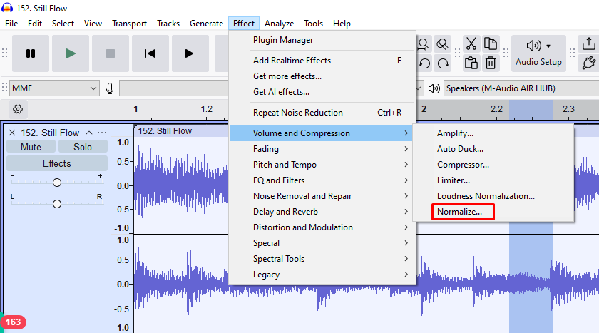 Audacity Effect menu expanded to “Volume and Compression” with “Normalize…” highlighted for volume leveling.