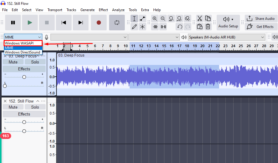 Audacity audio host dropdown showing the selection of 'Windows WASAPI' from options including MME and Windows DirectSound.