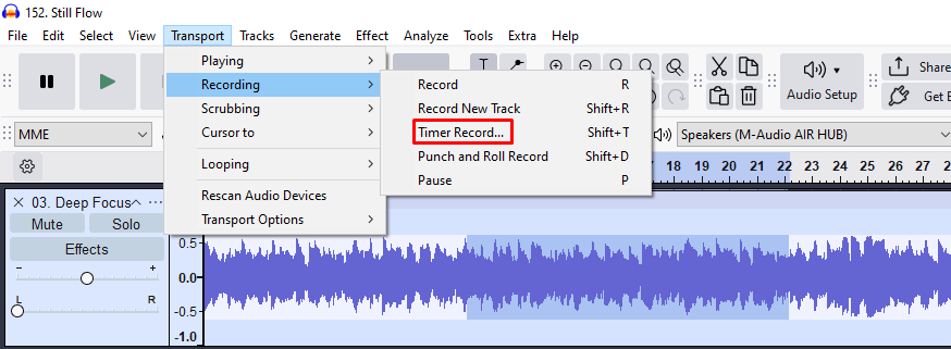 Audacity 'Transport' menu expanded with the 'Recording' submenu open, highlighting the 'Timer Record' option.