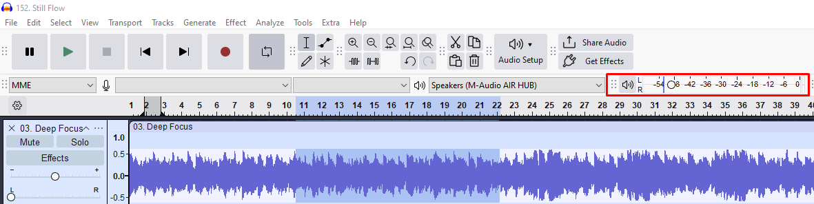 Audacity interface showing playback level meters for left and right audio channels in the top right corner.