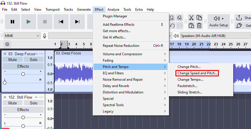 Audacity Effects menu open with 'Change Speed and Pitch' highlighted under 'Pitch and Tempo' submenu.