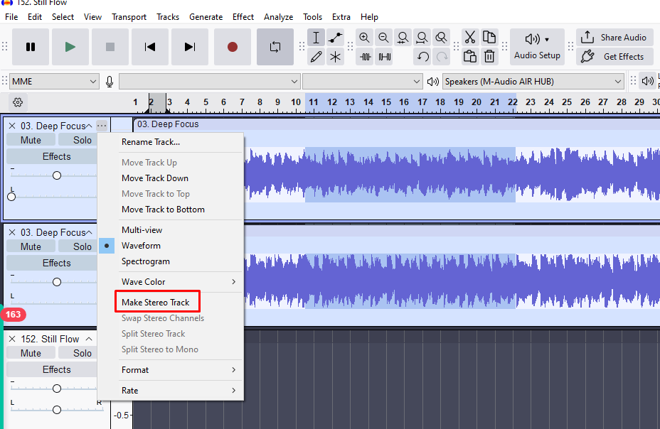 Audacity track context menu with “Make Stereo Track” highlighted for combining two mono tracks into a stereo pair.
