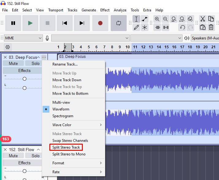 Audacity track context menu with “Split Stereo Track” highlighted for separating stereo audio into two mono tracks.