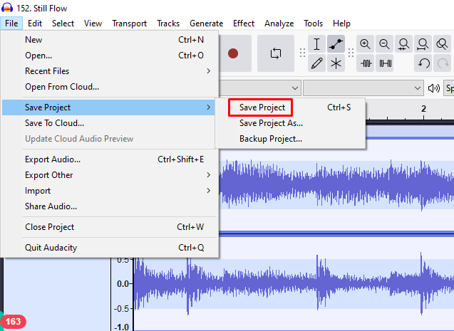 Audacity File menu expanded to the “Save Project” submenu with options like Save Project, Save As, and Backup.