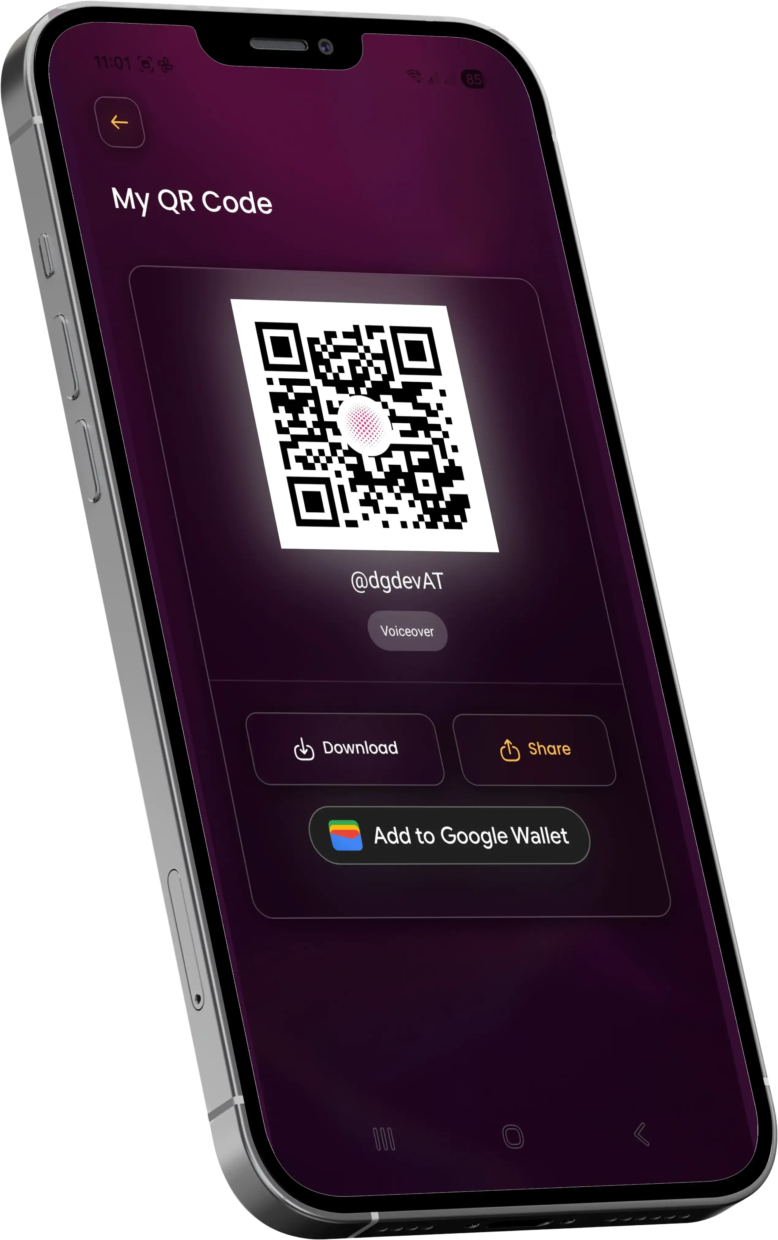 Image of mobile phone displaying QR code sharing feature