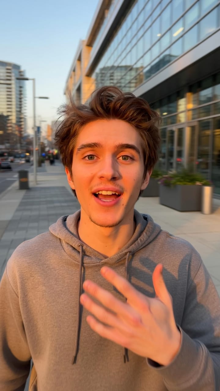 AI creator walking outdoors talking to camera