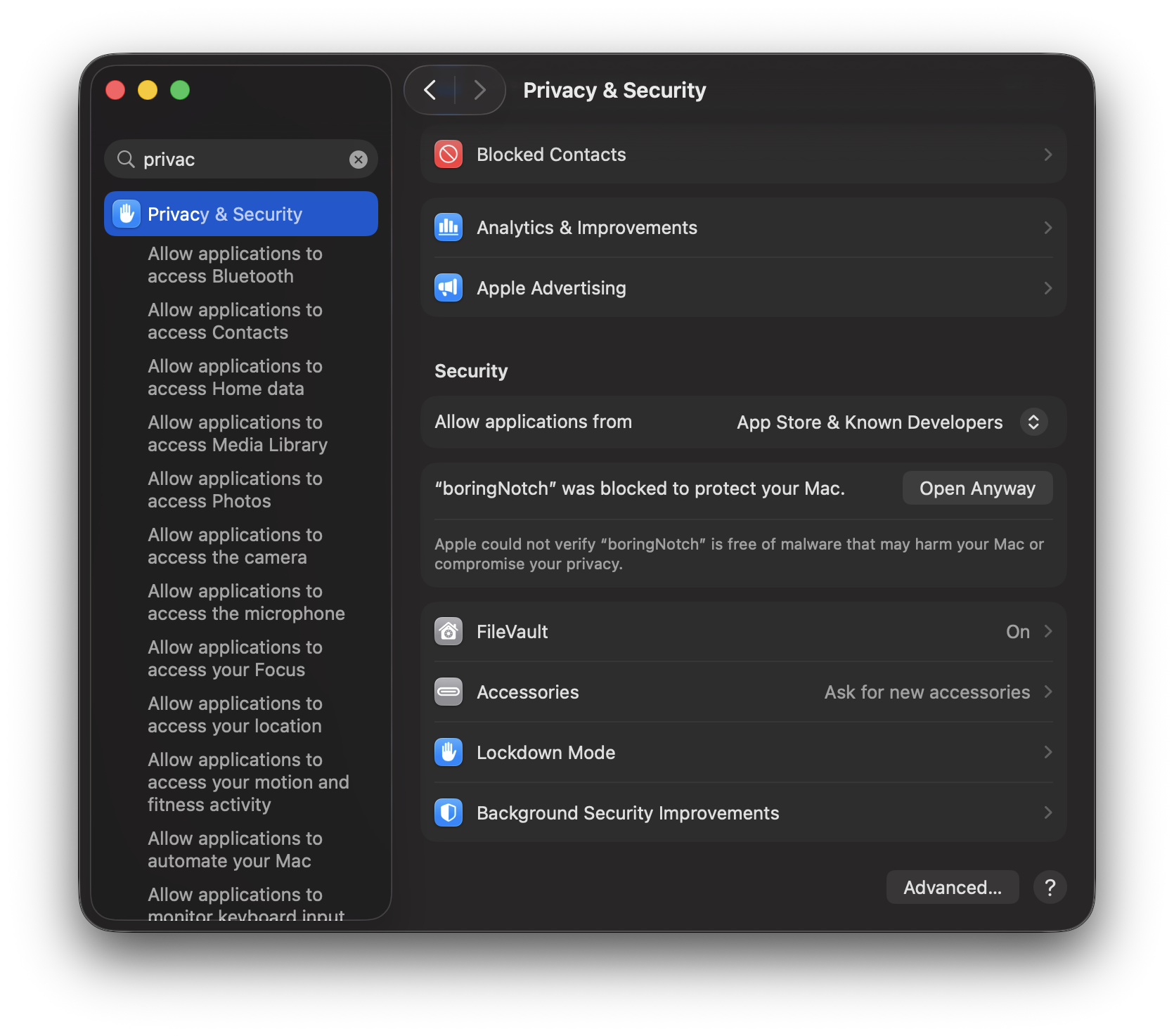 macOS System Settings, Privacy & Security showing the 'boringNotch was blocked' message with an Open Anyway button