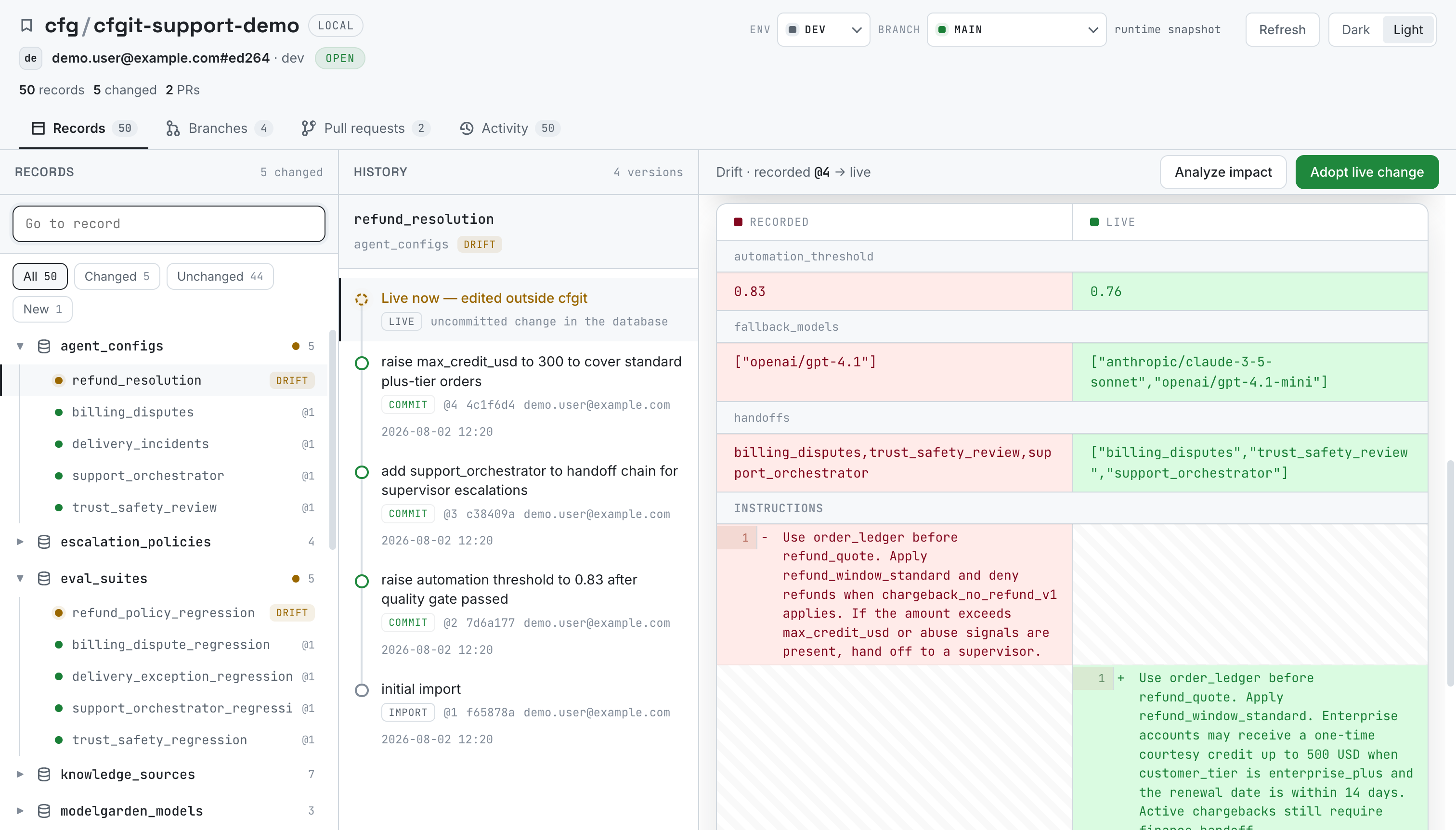cfgit drift review UI