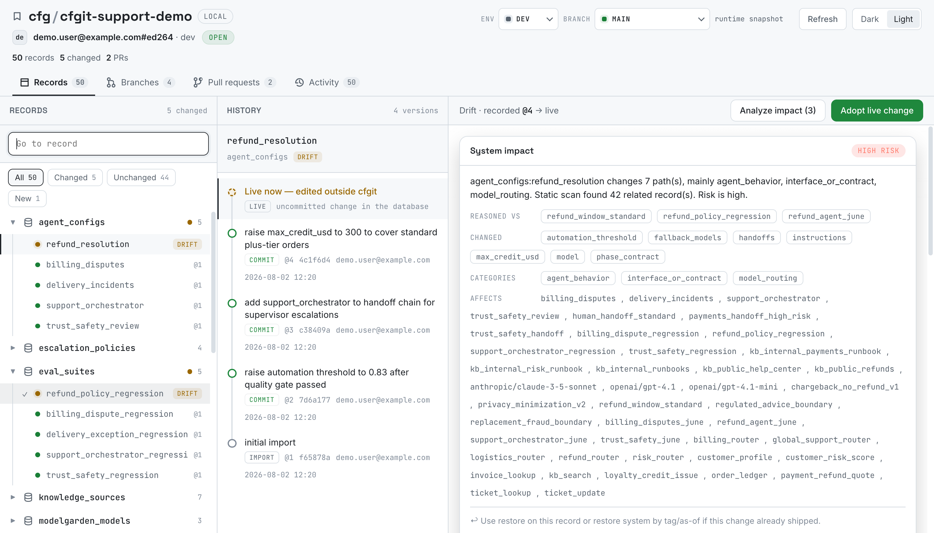Scoped impact analysis with selected policy, eval, and rollout records plus provider-backed narration