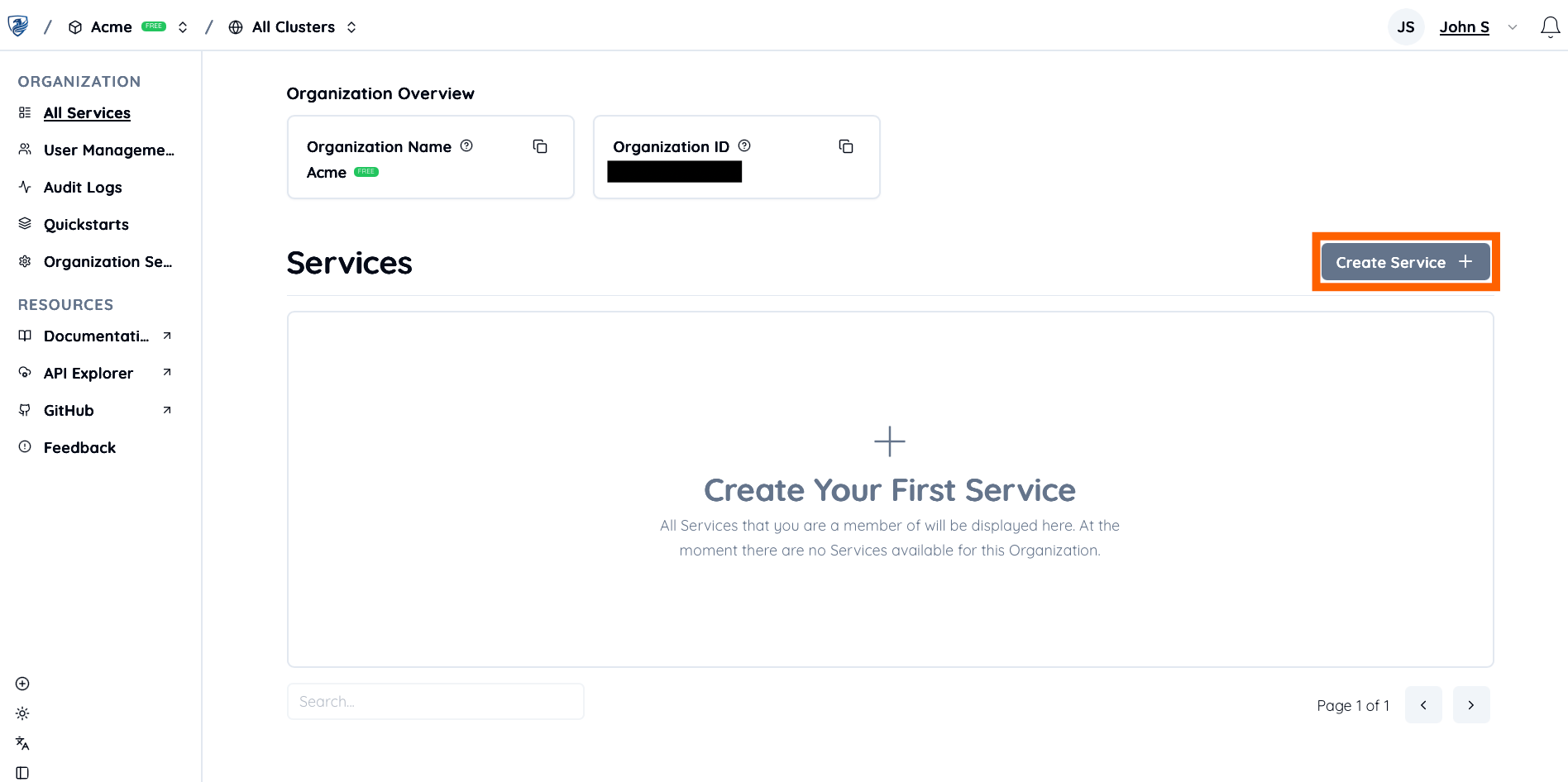Services page showing a list of existing services under the organization with a blue Create Service button in the upper right