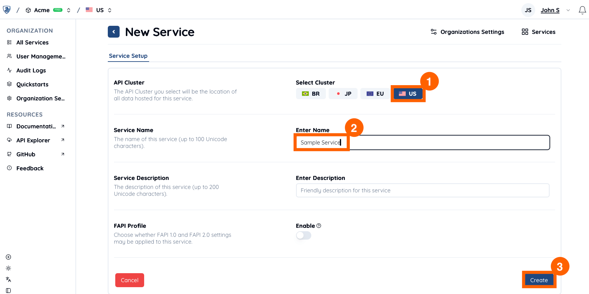 Create service form with dropdown menu to select API cluster location such as US, input field for service name, and a blue Create button