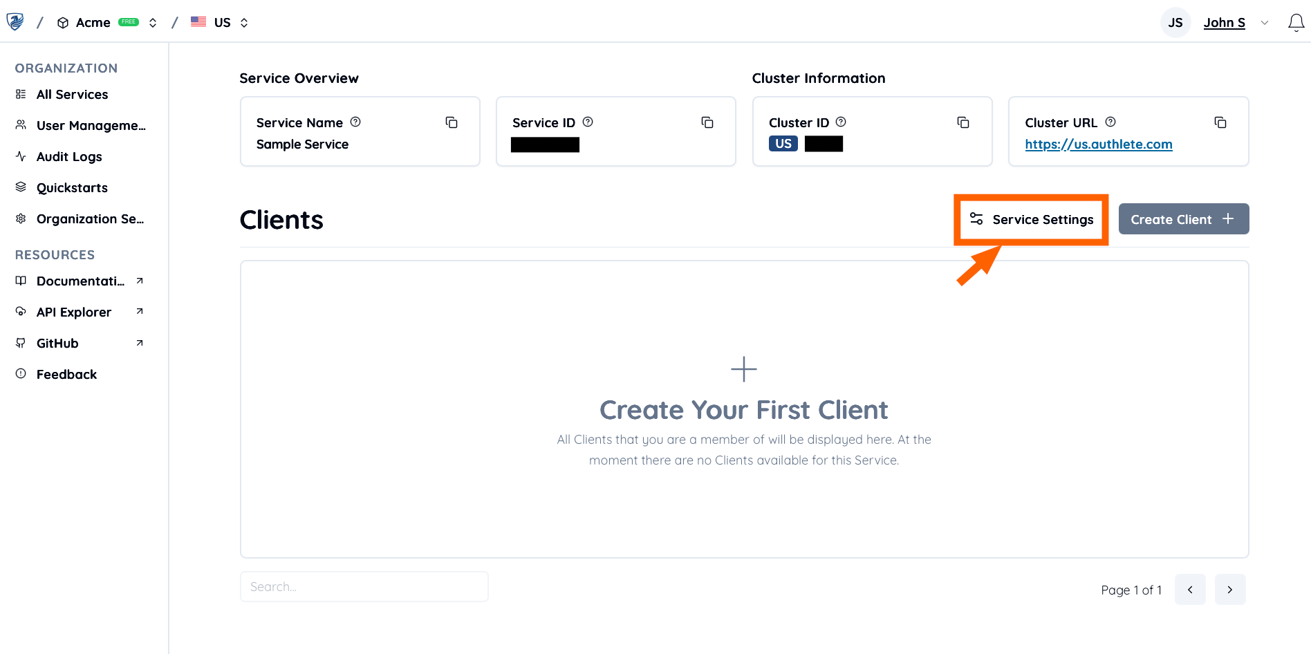 Service overview page with Service Settings option displayed for the newly created service
