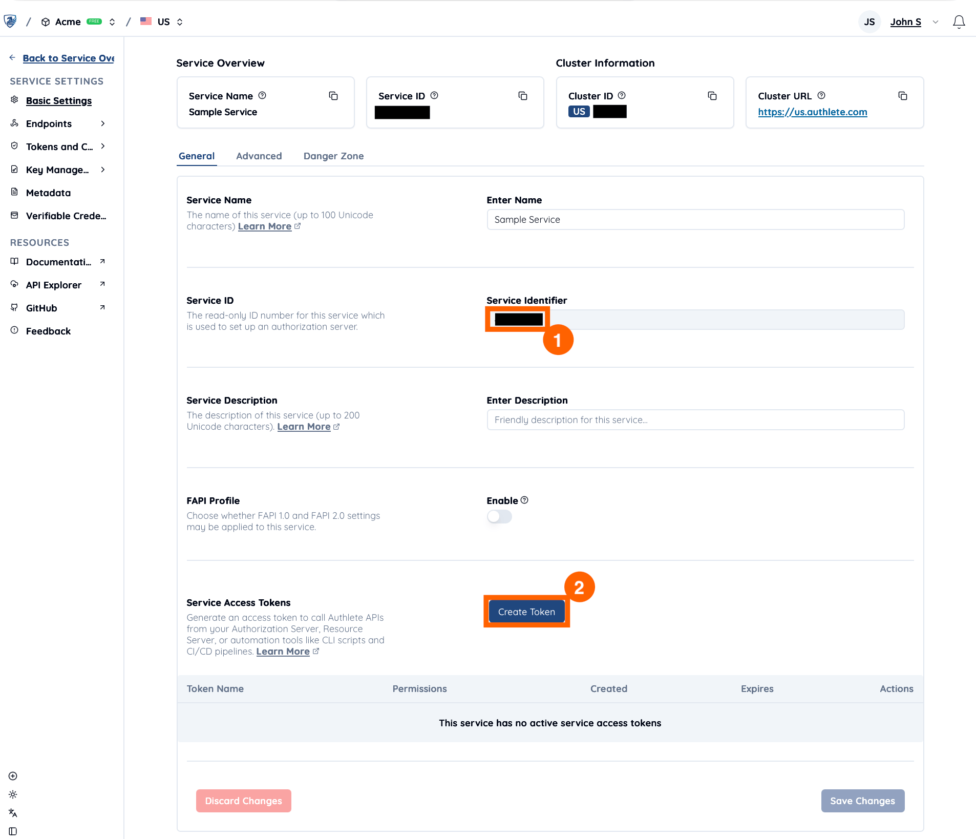 Service settings page displaying the Service Identifier value and a blue Create Token button to generate a new Service Access Token