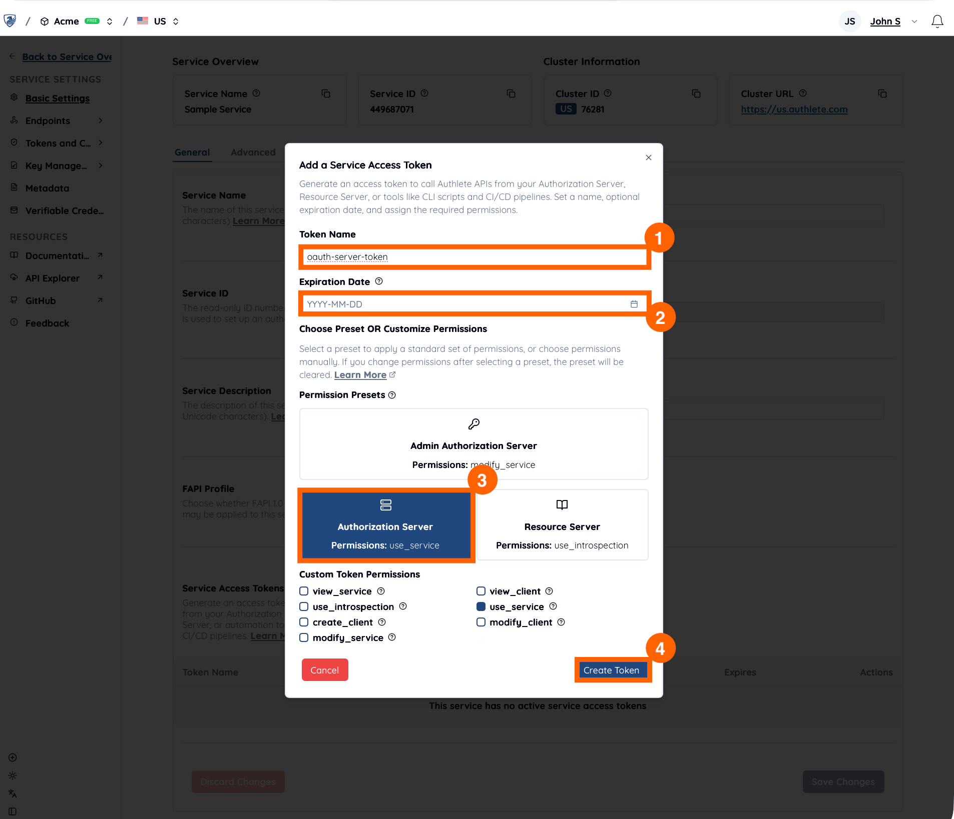 Add a Service Access Token dialog showing Token Name field with oauth-server-token, Expiration Date field with date picker, Permission Presets section with Authorization Server option highlighted in orange, Custom Token Permissions checkboxes below, and a blue Create Token button at the bottom