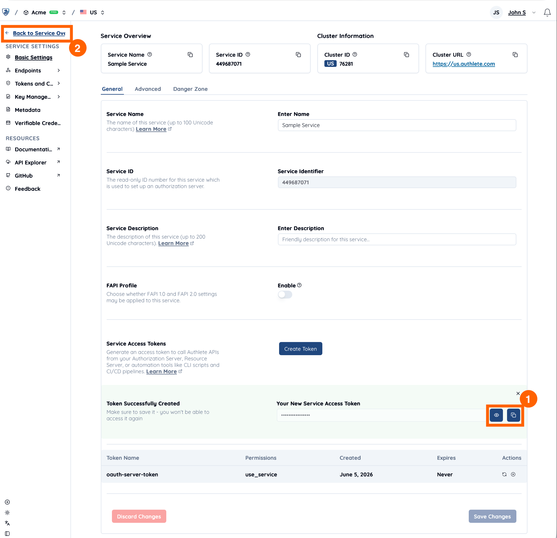 Service Access Token list showing the newly created token with Copy and Show buttons next to it, and a Back to Service Overview link to return to the main service page