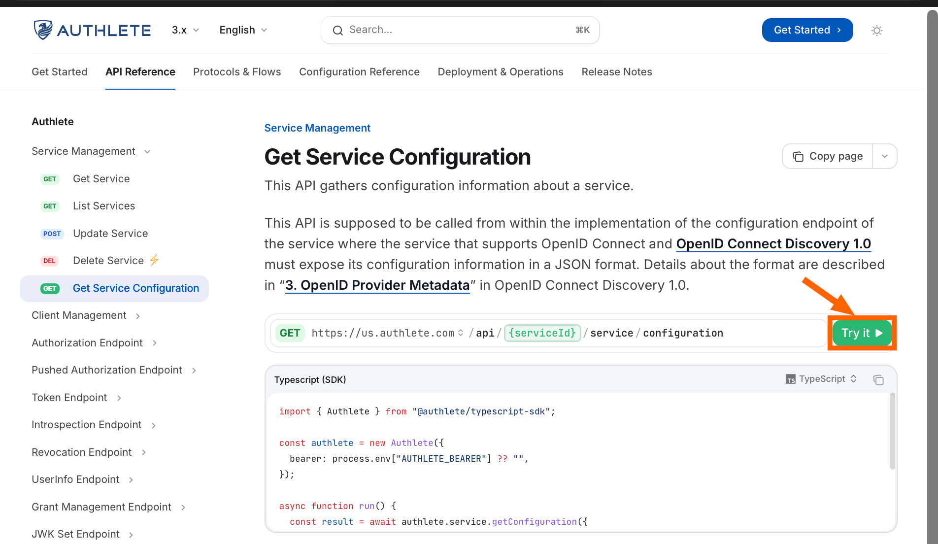 API Explorer interface for the /service/configuration endpoint with Try it button ready to be clicked to test the API