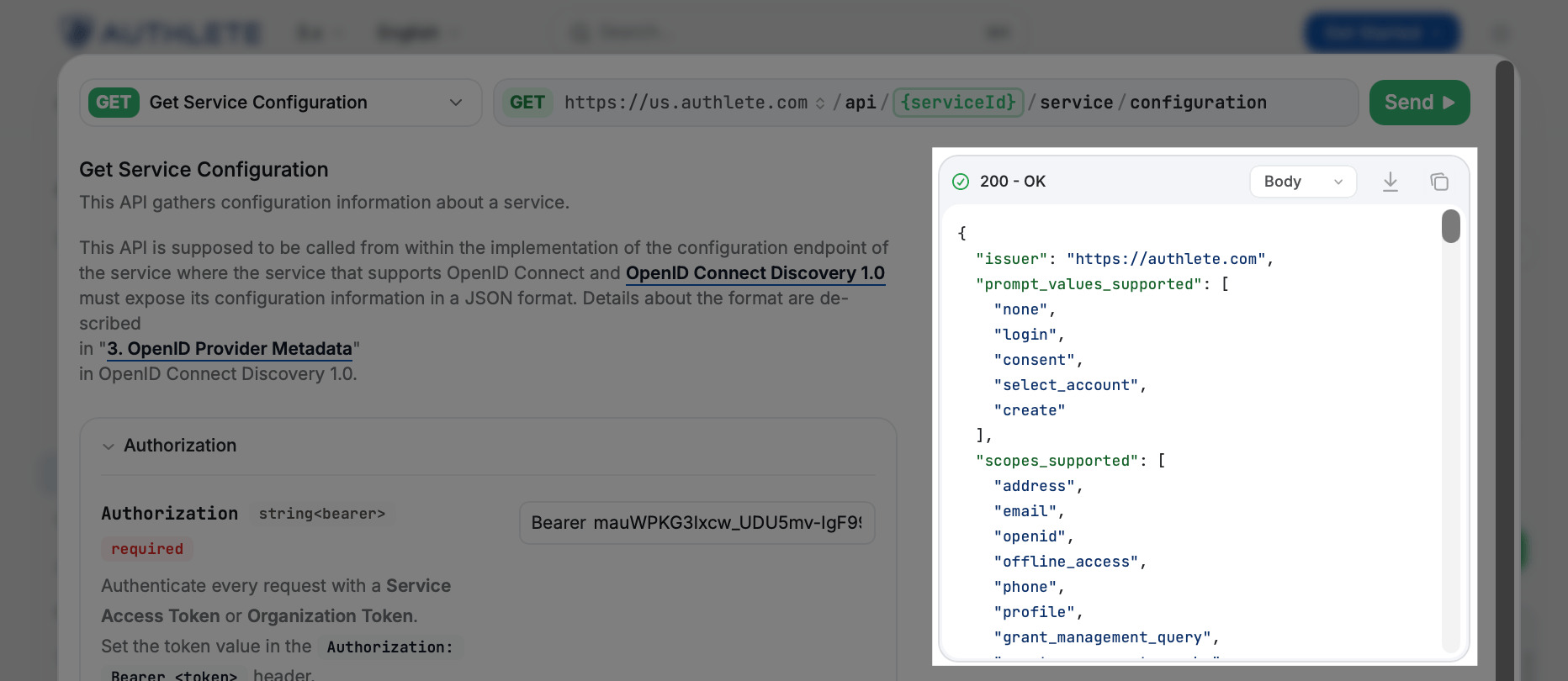 API response displayed in the Response section of the API Explorer showing JSON data with service configuration details including issuer, supported scopes, and response types