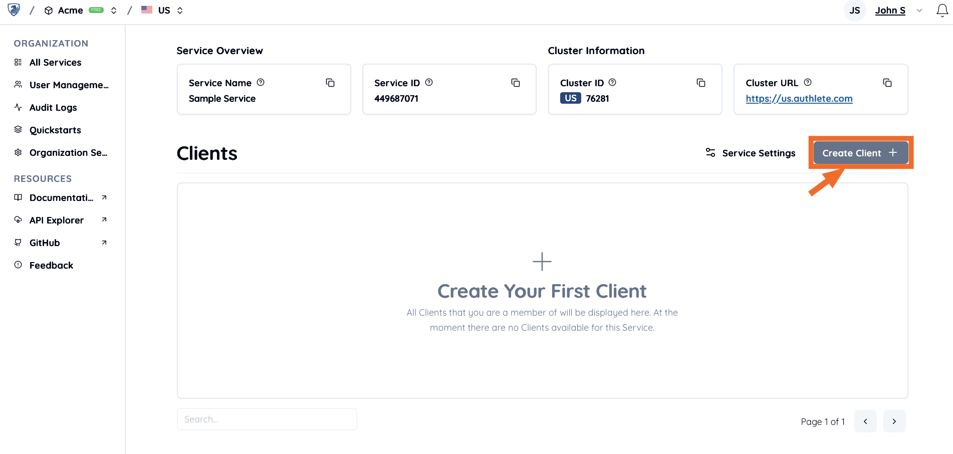Service page with Create Client button located in the upper-right corner of the screen ready to be clicked