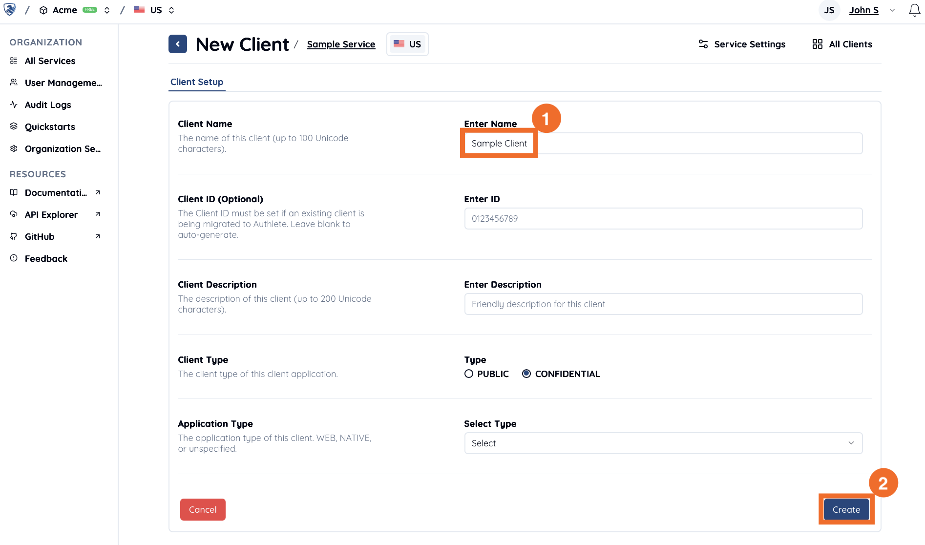 Create client dialog form with input field for Client Name and a blue Create button to add the new client
