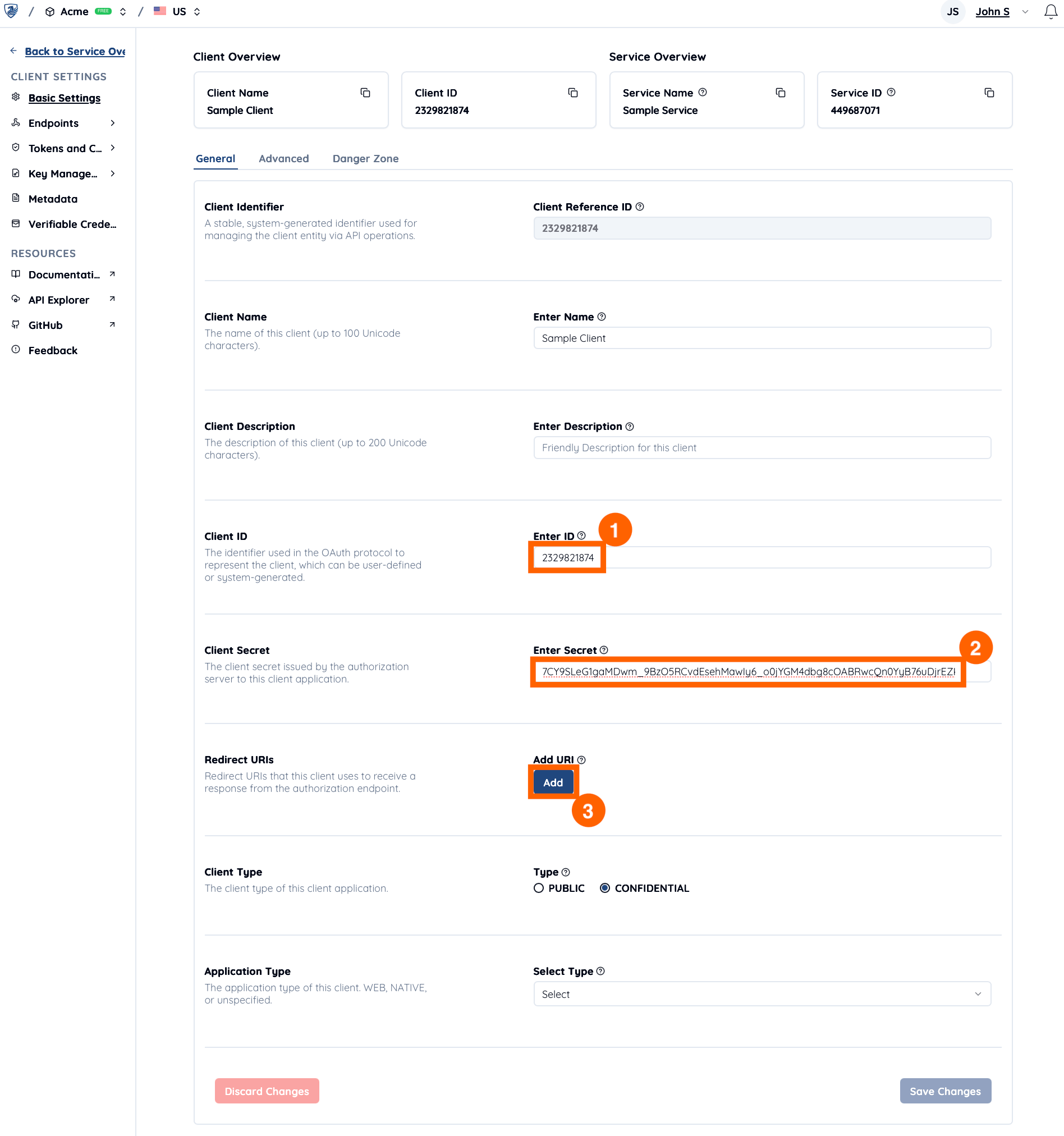 Client details page showing Client ID and Client Secret values, with a Redirect URIs section and an Add button to register application redirect URIs