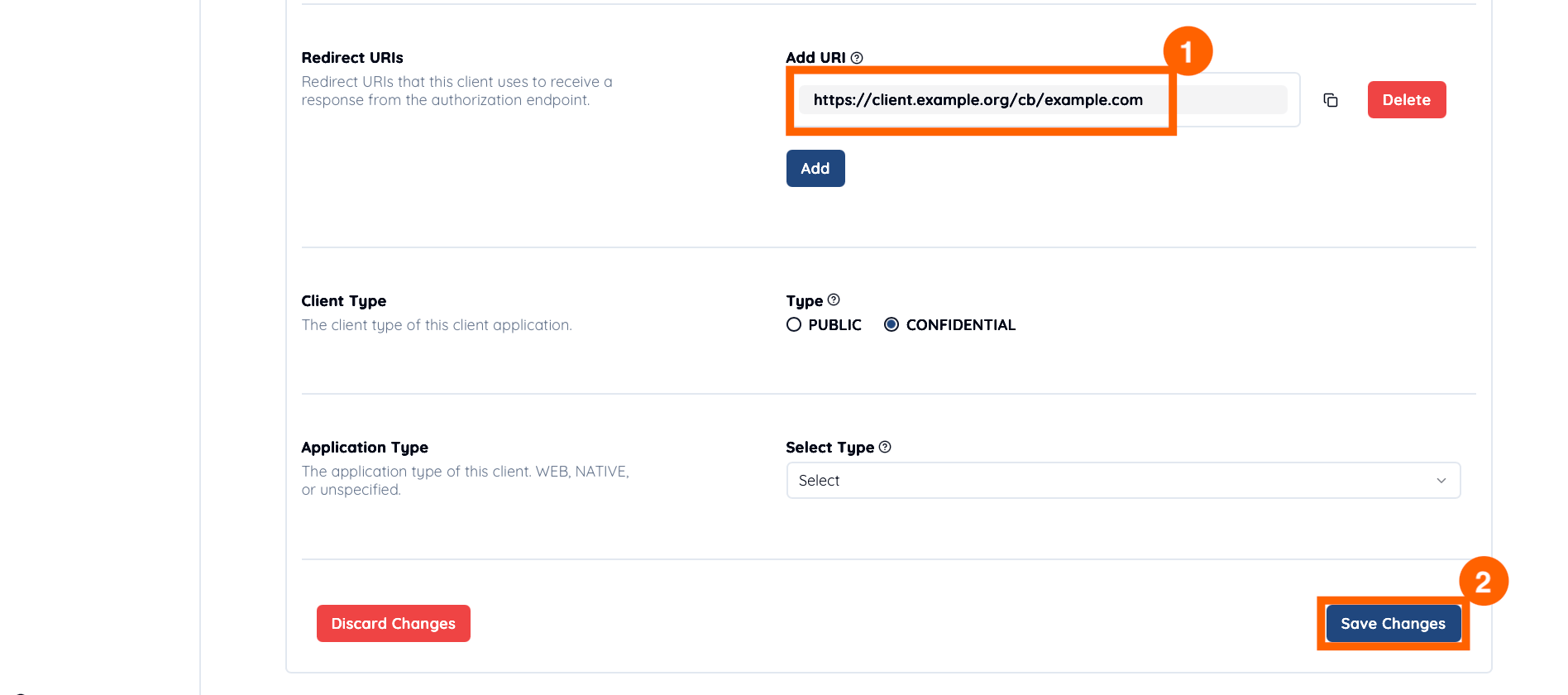 Redirect URI input form with example value https://client.example.org/cb/example.com and a blue Save Changes button to confirm the entry