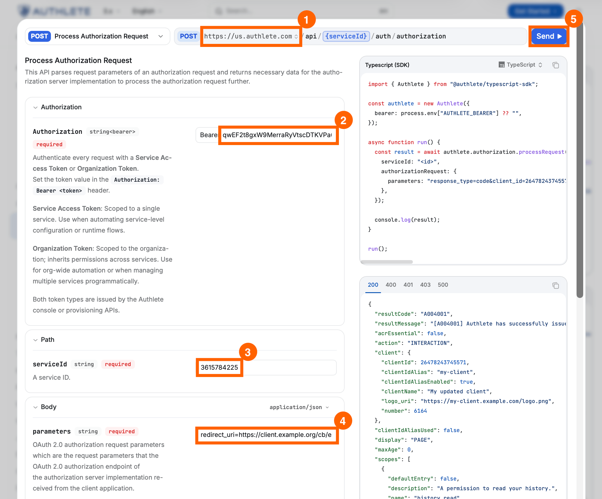 API Explorer showing the /auth/authorization endpoint with parameters entered