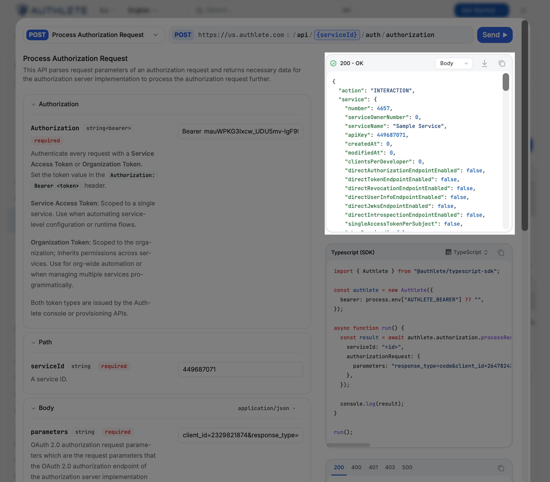 API Explorer showing the /auth/authorization endpoint with parameters entered and the JSON response displayed in the Response section showing authorization request results