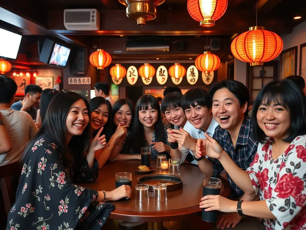 group of japanese people having fun in club