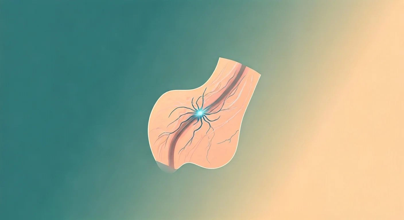 Ilustração conceitual da tecnologia CLaCS, mostrando um feixe de laser preciso e um elemento de resfriamento agindo sobre uma veia aranha estilizada, em fundo gradiente de azul-petróleo para areia.