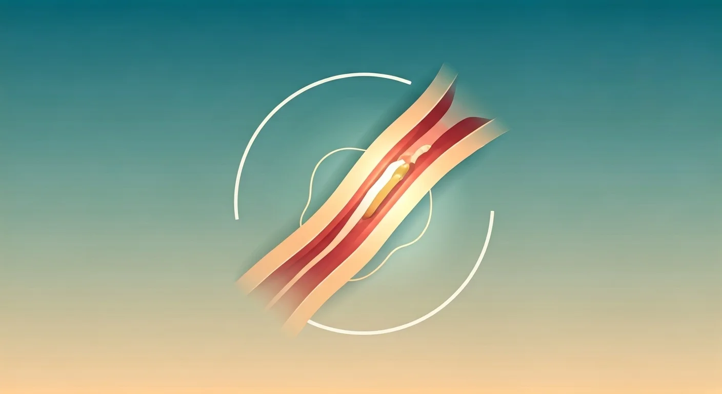 Ilustração conceitual simplificada de ablação por endolaser mostrando um feixe de laser abstrato tratando uma veia, destacado em dourado sobre fundo gradiente azul-petróleo.