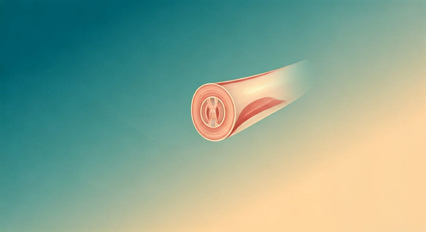 Ilustração conceitual de ablação de safena a laser, mostrando uma veia simplificada tratada com um feixe de luz, destacada em dourado sobre um gradiente azul-petróleo suave.