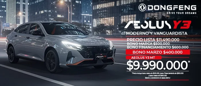 Dongfeng Aeolus Y3 MT plateado con oferta especial de $9.990.000. Sedán moderno y vanguardista para concesionario.