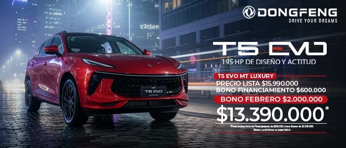 Dongfeng T5 EVO rojo SUV en promoción de febrero por $13.390.000. Concesionario.