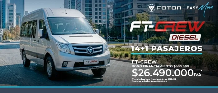 Foton FT CREW Diesel, van plateada 14+1 pasajeros en promoción para transporte.