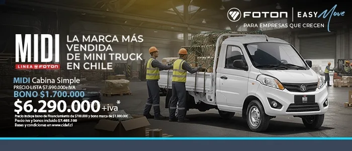 Foton Midi Cabina Simple blanca, minitruck de carga. La más vendida en Chile, ideal para tu empresa.