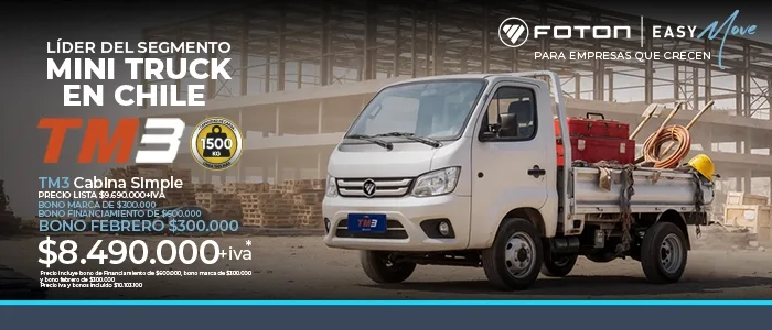 Foton TM3 Cabina Simple blanco, mini truck comercial líder en Chile. Carga útil 1500 kg para empresas.