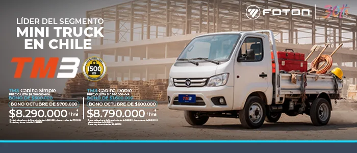 Foton TM3 mini truck blanco en obra, con carga. Líder en Chile, ofertas octubre.