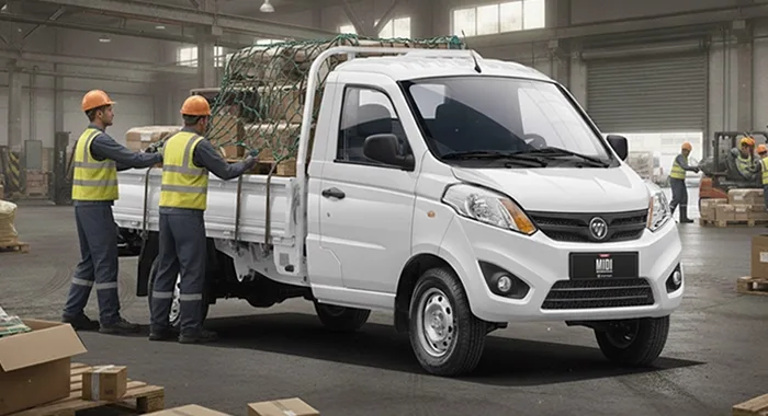 Foton MIDI Cabina Simple blanca, camioneta utilitaria con carga. Ideal para transporte comercial y logística.