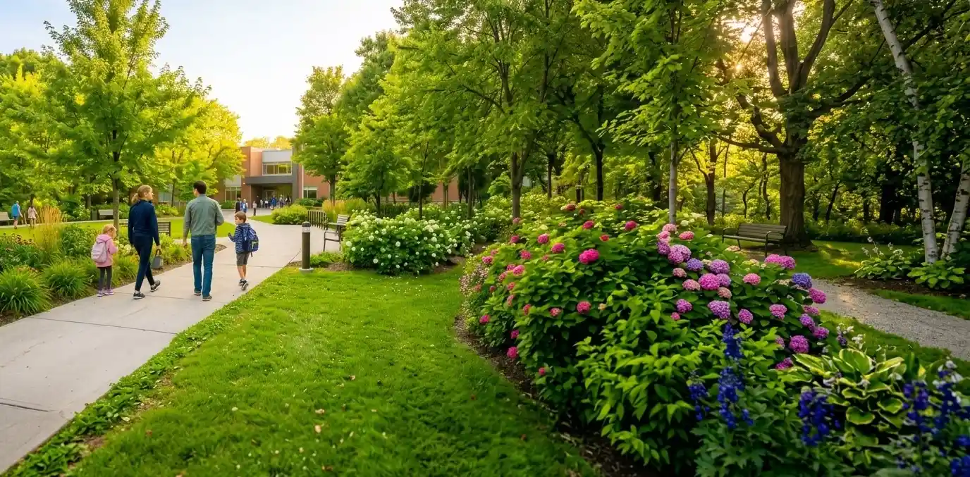 Parents et deux enfants marchant dans un parc, évoquant les besoins futurs d’une famille en matière de véhicule.