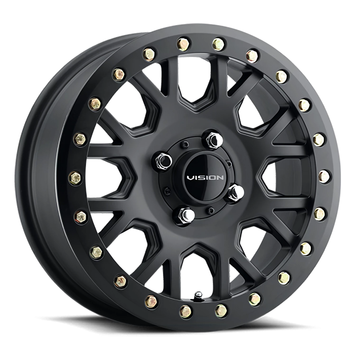 https://storage.googleapis.com/autosync-wheels/webp/Vision/Invader-Beadlock-UTV-GV8BL_SB_Satin_Black_Gold-Rivets_4-lug_0001.webp
