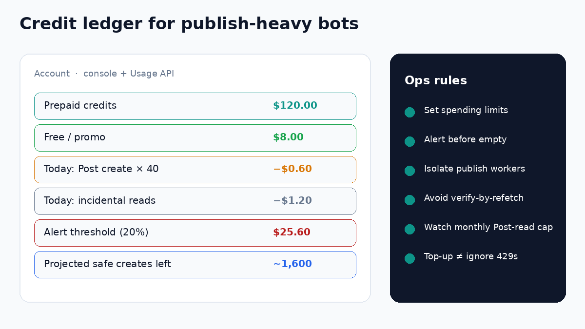 Credit ledger view showing prepaid balance, create charges, and alert threshold for a Telegram scheduling bot