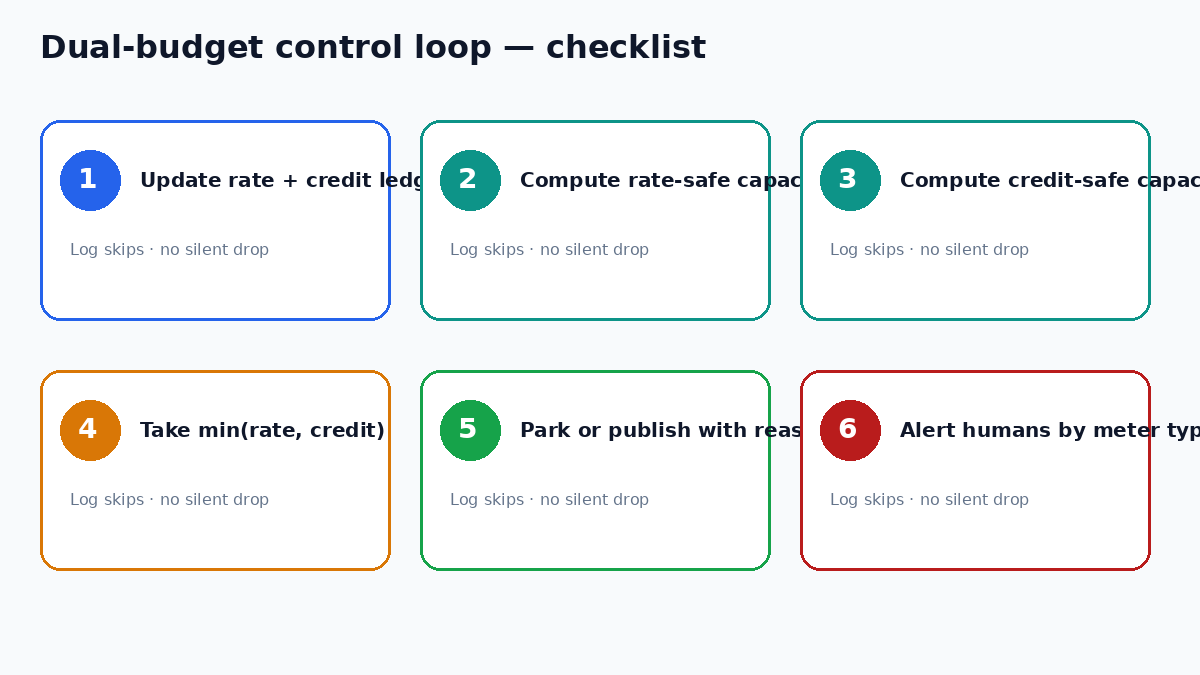 Checklist of six dual-budget steps from ledger update through rate-safe and credit-safe publish decisions