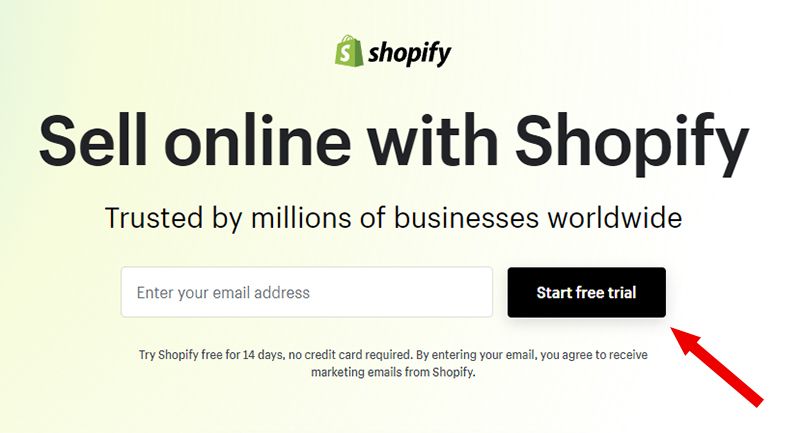 sign up for shopify free trial - step 1
