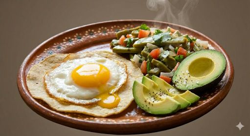 Huevo estrellado sobre tortilla de maíz, acompañado de nopales a la mexicana de 286 Kcal
