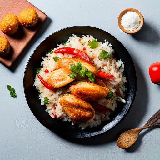 Arroz al vapor y pollo salteado con pimiento